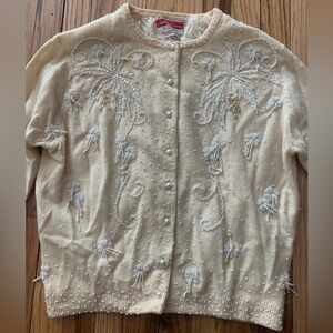 Vintage 1950s Lambs Wool Hand Beaded Light Yellow Cardigan Small Imperial Import